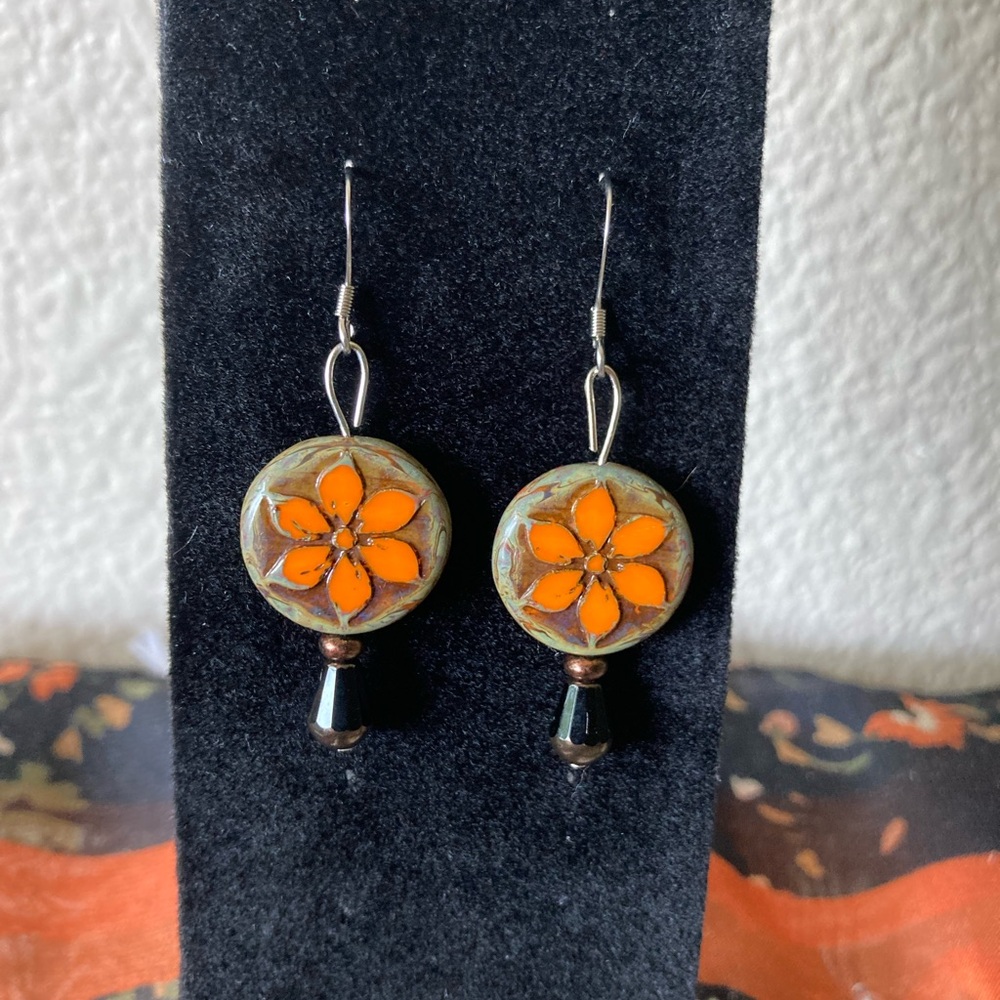 Handmade Czech Orange Flower Glass Drop Earrings - Picture 2 of 5